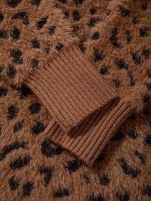 Camel Leopard Fuzzy Half Zip Lapel Collar Long Sleeve Knit Pullover Women Chic Y2K Homecoming Christmas Halloween Back To School Fall Winter - Brown - View 10