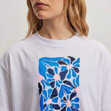 Oversized T-Shirt Crew Neck Short Sleeve Abstract Floral Print Blue Soft Cotton Casual Streetwear - White - View 3
