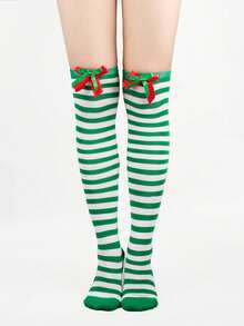 4/3/1 Pairs Christmas Striped Solid Color Bow Pom Pom Deer Head Green Red Cute Holiday Over Knee Thigh High Socks - Multicolor - View 13
