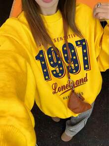 Minimalist Letter Print Autumn/Winter Lazy Loose Long Sleeve Crew Neck Sweatshirt For Women, Streetwear Style Top - Yellow - View 1