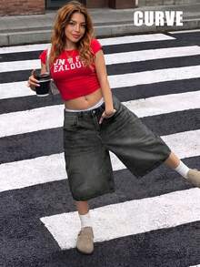 Spring/Summer New European And American Streetwear Style Mid-Waist Non-Stretch Loose Casual Plus Size Women Denim Shorts - Dark Grey - View 5
