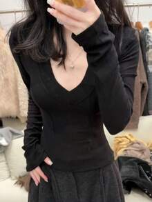 Minimalist Sexy Style Sexy V-Neck Spring/Autumn Base Layer, Women's Autumn/Winter Innerwear, Slim Fit Long Sleeve T-Shirt Top - Black - View 6