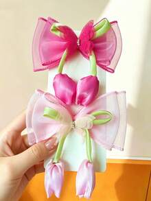 4/2pcs Girls Multi-Color Tulip Flower Bow And Triple Layer Mesh Rhinestone Butterfly Combination Hair Clips, Cute And Sweet Back Of Head Hair Accessories Suitable For Daily Wear, Outings, Vacations, Parties, Dates And Other Occasions, Women's Hair Accessories - Multicolor - View 8