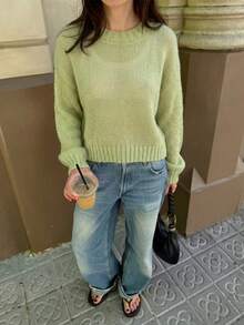 Women's Cozy Knitwear Round Neck Drop Shoulder Long Sleeve Regular Length Sweater, Perfect For Fall Daily Wear - Olive Green - View 4