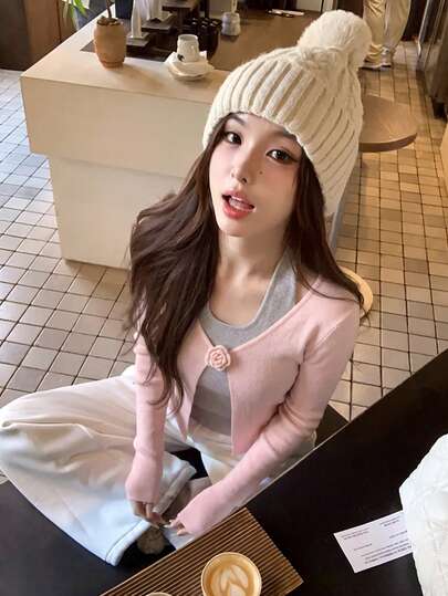 3D Floral 2 In 1 Halter Neck Knit Sweater Women Autumn/Winter Design Slimming Elegant Niche Long Sleeve Pullover Top