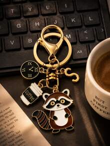 1pc Raccoon Coffee Theme Gold Keychain, Girls Bag Decoration Pendant, Niche Design Raccoon Coffee Cup Key Ring, Coffee Cup Clock Element Creative Car Key Pendant, Keychain, Key Ring, Car Keychain - Multicolor Raccoon Coffee Mug - View 11