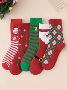5 Pares de Meias de Natal Femininas Aleatórias de Outono/Inverno com Flocos de Neve, Renas, Papai Noel e Desenhos Animados de Casal até a Panturrilha - Multicolorido - Visão 4