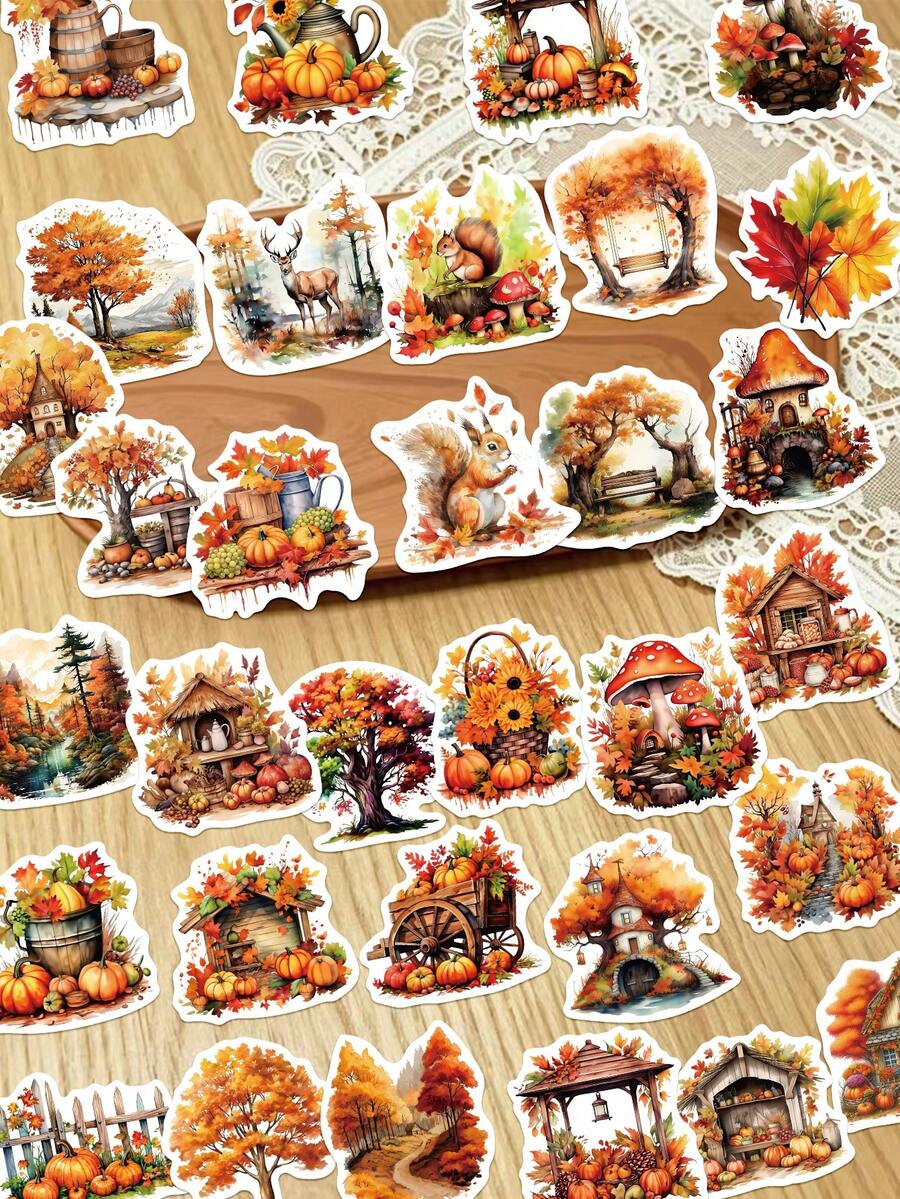 50pcs Autumn Squirrel Forest Stickers For Journal, Planner, Scrapbook, Luggage, Envelope, Greeting Card, Notebook, Tablet, Water Bottle - Autumn - View 1