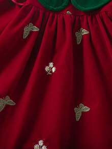 1pc Baby Girl Velvet Peter Pan Collar Embroidered Vintage Royal Style A-Line Dress - Red - View 6