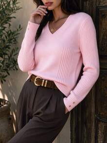 DONICY Women Elegant V Neck Ribbed Knit Sweater, Slim Fit Long Sleeve Top With Button Cuffs, Fall Pink Casual Knitted Pullover - Pink - View 9
