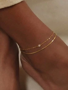 1pc Minimalist Versatile Stainless Steel 18K Gold Layered Zirconia Anklet, Suitable For Women's Daily Commute, Vacation, Travel, Versatile Jewelry - Gold - View 1