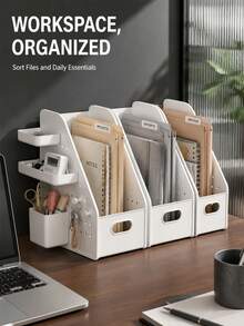 1pc White Multi-Grid Desktop File Organizer, Minimalist Modern Style Plastic Material, Slanted Opening Design, With Pegboard Side Hanging Basket, Multi-Functional Book File Stationery Storage Rack, Suitable For Study Office Daily Use, All Season - Multicolor - View 3
