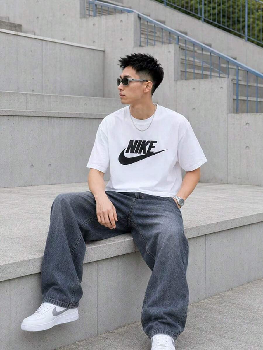 Nike Unisex Short Sleeve American Retro Fashion Versatile Breathable Classic Logo Print Crew Neck Sports T-Shirt White - White - View 1