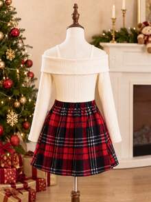 Christmas Girls' Autumn/Winter Spaghetti Strap Off-Shoulder Bow Top And Plaid Skirt Set - Multicolor - View 3