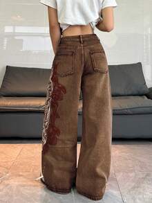 1件女款寬鬆刺繡寬腿牛仔褲，舒適休閒高街百搭丹寧長褲（不含腰帶/配件）秋季 - 咖啡棕 - 查看 3