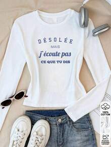Women's Pure Cotton Long Sleeve T-Shirt French Minimalist Style With Blue Letter Print, Crew Neck Slim Fit, Autumn Winter Basic Layering Tee - White - View 3