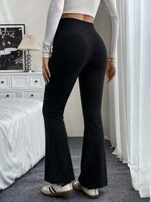 1pc Women's Winter High Waist Thickened Thermal Lined Flared Pants, Tummy Control Butt Lifting, Home & Daily Wear Versatile Warm Bottoms - Black - View 4