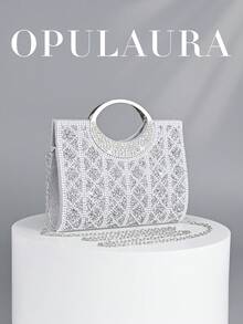 OpulAura 女士时尚闪亮水晶水钻晚宴手拿包，奢华闪亮装饰手提包，适合舞会、派对、婚礼、生日礼服配饰、礼物 - 白色 - 查看 1