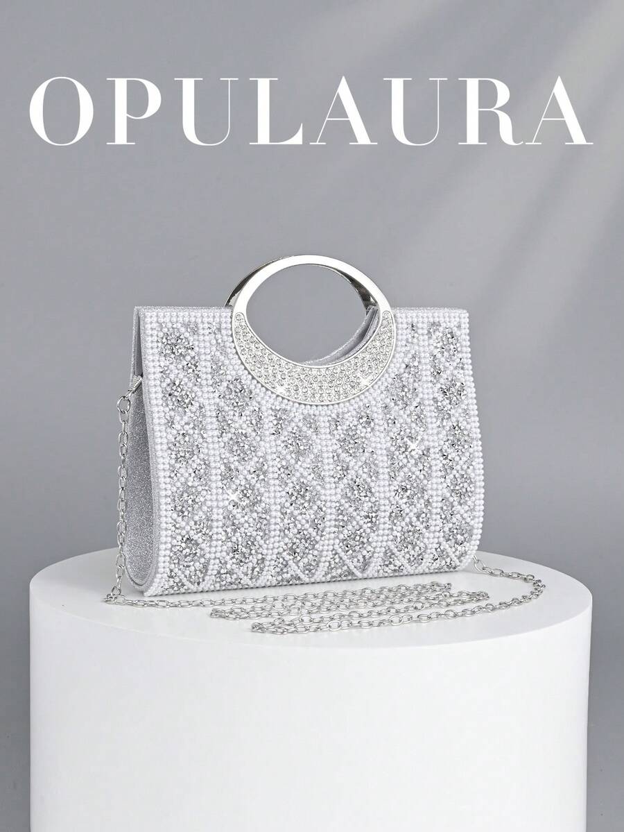 OpulAura 女士时尚闪亮水晶水钻晚宴手拿包,奢华闪亮装饰手提包,适合舞会、派对、婚礼、生日礼服配饰、礼物 - 白色 - 查看 1