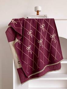 1pc Faux Cashmere Elegant Design Rhombus Grid Bowknot Pattern Jacquard Warm Scarf For Women, Air Conditioning Room Blanket, Autumn/Winter Outdoor Travel Cold Protection Neck Warmer, Soft Decorative Scarf Shawl Dual-Use, Suitable For Daily Matching, Top Gift Choice - Burgundy - View 2