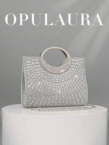 OpulAura 女士时尚闪亮水钻装饰晚宴手拿包，奢华闪耀水钻细节正式派对手提包，适合礼服、派对、约会、婚礼、生日、新娘配饰、婚礼手拿包 - 銀色 - 查看 1