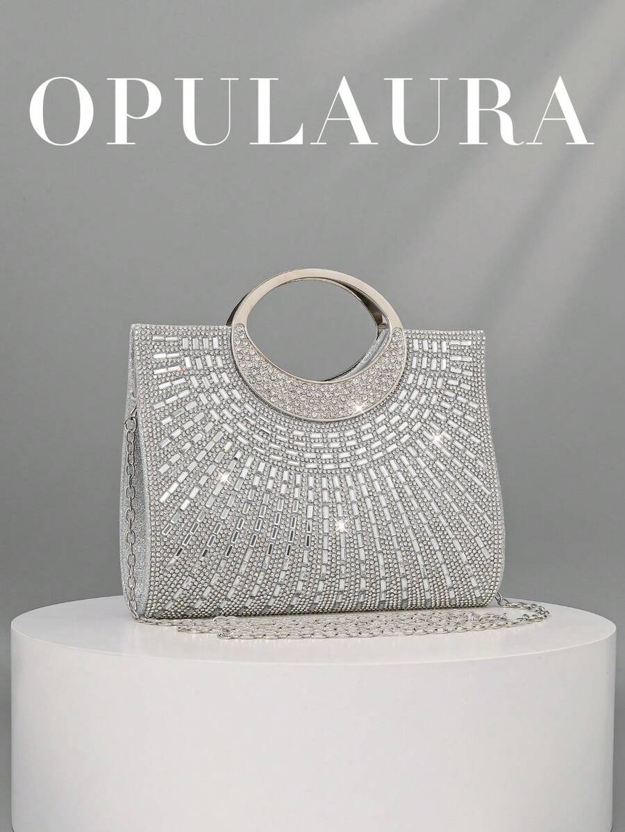 OpulAura 女士时尚闪亮水钻装饰晚宴手拿包，奢华闪耀水钻细节正式派对手提包，适合礼服、派对、约会、婚礼、生日、新娘配饰、婚礼手拿包 - 銀色 - 查看 1