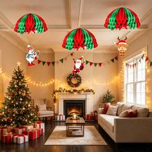 1set(3pcs)-/1set=9pcs Paper Honeycomb Hanging Decorations, Creative Parachute Shaped Honeycomb Hanging Ornaments For Christmas Scene Decoration, Valentine's Day, Wedding Season, Cupid Heart Red Romantic Hanging Decor, Happy New Year, Ceiling Hanging Decorations With Santa Claus, Snowman, Reindeer, Parachute Set To Enhance Party Atmosphere - Multicolor - View 2