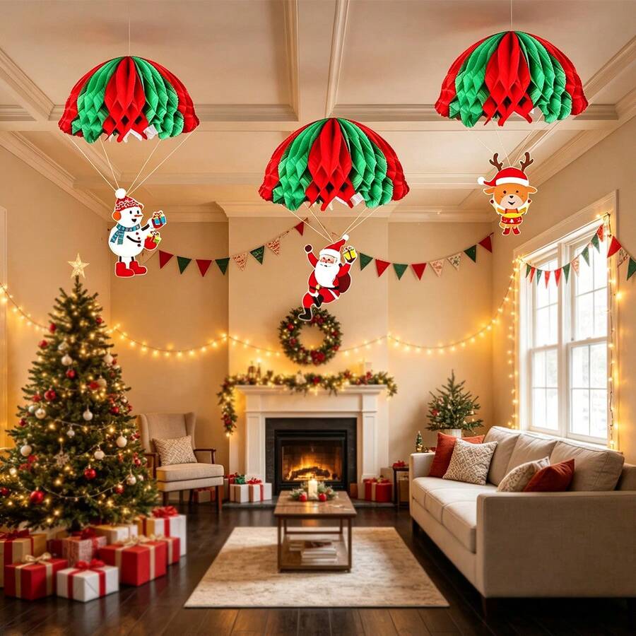 1set(3pcs)-/1set=9pcs Paper Honeycomb Hanging Decorations, Creative Parachute Shaped Honeycomb Hanging Ornaments For Christmas Scene Decoration, Valentine's Day, Wedding Season, Cupid Heart Red Romantic Hanging Decor, Happy New Year, Ceiling Hanging Decorations With Santa Claus, Snowman, Reindeer, Parachute Set To Enhance Party Atmosphere