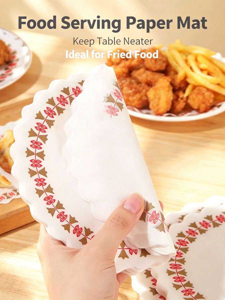 100PCSDecorative Lace Paper Doilies, Grease‑Resistant Disposable Paper Sheets, Oil Absorbing Lace Placemats For Fried Food, Baking, Restaurant, Party, Home Kitchen Food Serving Decor