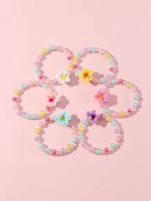 6pcs Kids Jewelry Cute Flower Pendant Colorful Beaded Bracelet Set, Suitable For Girls Accessories Daily Holiday Birthday Party Wear, Random Colors - Multicolor - View 6
