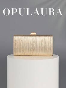 OpulAura 復古奢華手拿包，金色 PU 皮革亮面百褶設計時尚派對包，正式派對手提包，高端方型手拿包，適合派對/婚禮/正式場合晚宴女士包，附鏈條 - 金色 - 查看 1