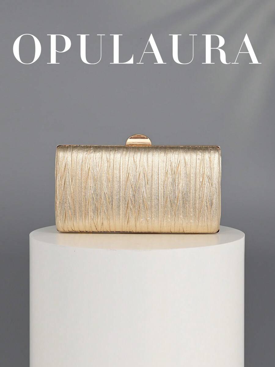OpulAura 復古奢華手拿包,金色 PU 皮革亮面百褶設計時尚派對包,正式派對手提包,高端方型手拿包,適合派對/婚禮/正式場合晚宴女士包,附鏈條 - 金色 - 查看 1