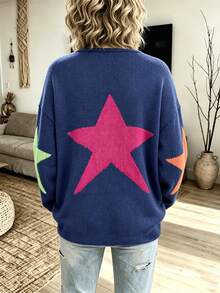 Plus Size Women Star Pattern Knit Sweater, Fall Winter Boat Neck Long Sleeve Color Block Loose Casual Pullover Top - Navy Blue - View 1