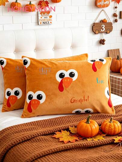 HONEYMOON 1 Pair Turkey Print Flannel Pillowcases, Thanksgiving Theme, Soft Warm Breathable, No Filling, Suitable For Casual Home Decor, Indoor Sofa, Bedroom, Dorm, Fits All Bedding Sizes, Machine Washable