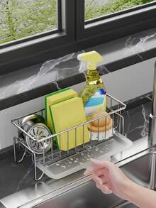 Kitchen Sink Sponge Holder, Metal Sink Storage Rack With Drainage Tray, Faucet Mounted And Countertop Mounted Sponge Brush Soap Storage Rack, Kitchen Sink Storage Basket Sponge Brush Holder With Drainage Tray Sink Rack - Multicolor - View 9