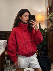Women's Pure Red Drop Shoulder Baseball Jacket, Casual Loose Street Style Top, Suitable For Spring And Autumn - Red - View 3