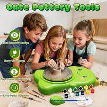 Mini Pottery Wheel Kit For Beginners And Kids, Electric Ceramic Wheel With Pedal And Painting Kit, Adjustable Speed, DIY Rotating Tools - Green - View 6