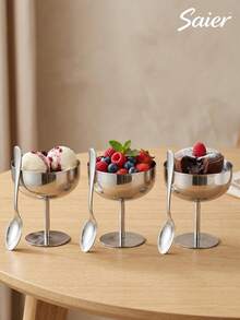 INS Style Premium Silver Stainless Steel Dessert Cup With Spoon Set, High Foot Ice Cream Cup/Yogurt Bowl, Stackable For Easy Storage, Afternoon Tea Atmosphere Tableware - Multicolor - View 6
