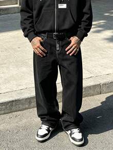Men's Gothic Style Embroidered Loose Wide Leg Black Denim Jeans Street Casual Long Pants - Black - View 5