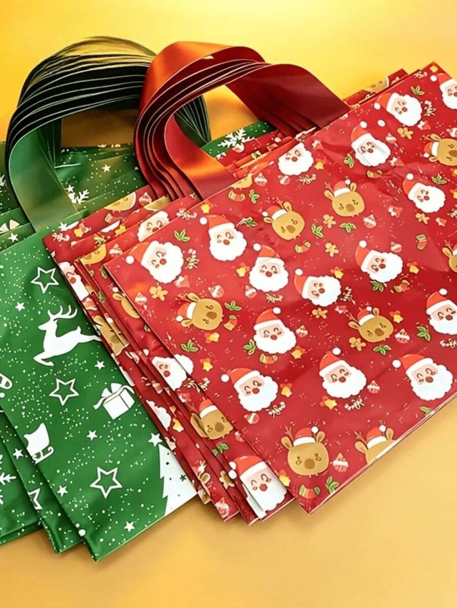 10pcs/5pcs/20pcs Cartoon Christmas Print Plastic Tote Bags (Random Style) Reusable Waterproof Gift Bags, Holiday Party Storage & Decoration Bags, Suitable For Christmas Gift Exchange - Multiple Styles - View 1