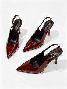 Women's Black Patent Leather Pointed Toe Stiletto High Heels, Elegant Closed-Toe Lace-Up Evening Dress Shoes With Ankle Strap - Burgundy - View 6