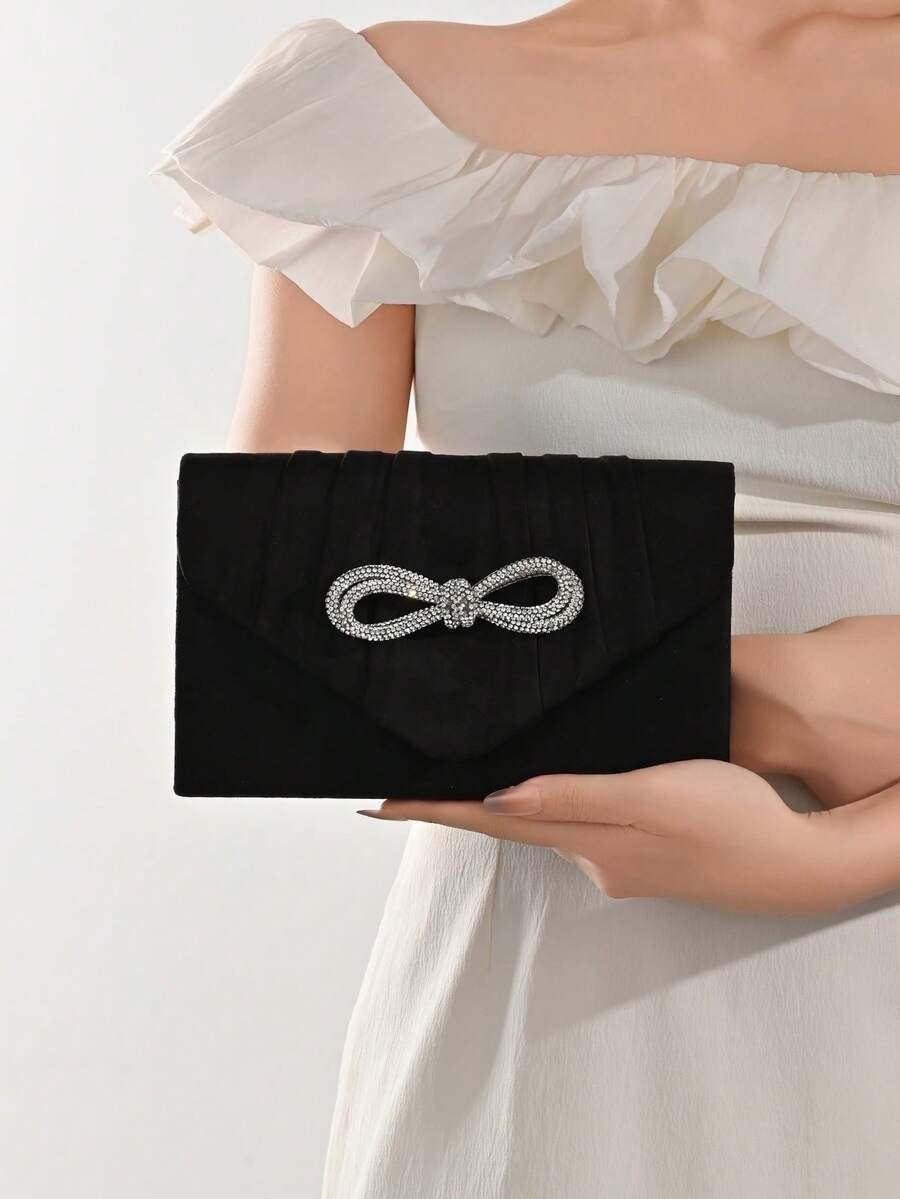 LJDCRFT Tas Malam Berlipit Elegan, Dihiasi dengan Pita Berlian Imitasi Berkilau, Cocok untuk Acara Formal Seperti Pernikahan, Pesta Dansa, dan Perjamuan - Hitam - View 1