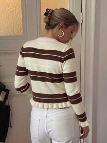 Women's Autumn/Winter Casual Elegant Blue Striped Contrast Color Metal Button Ruffle Trim Knit Long Sleeve Cardigan Sweater, Back To School Season - Light Yellow - View 6