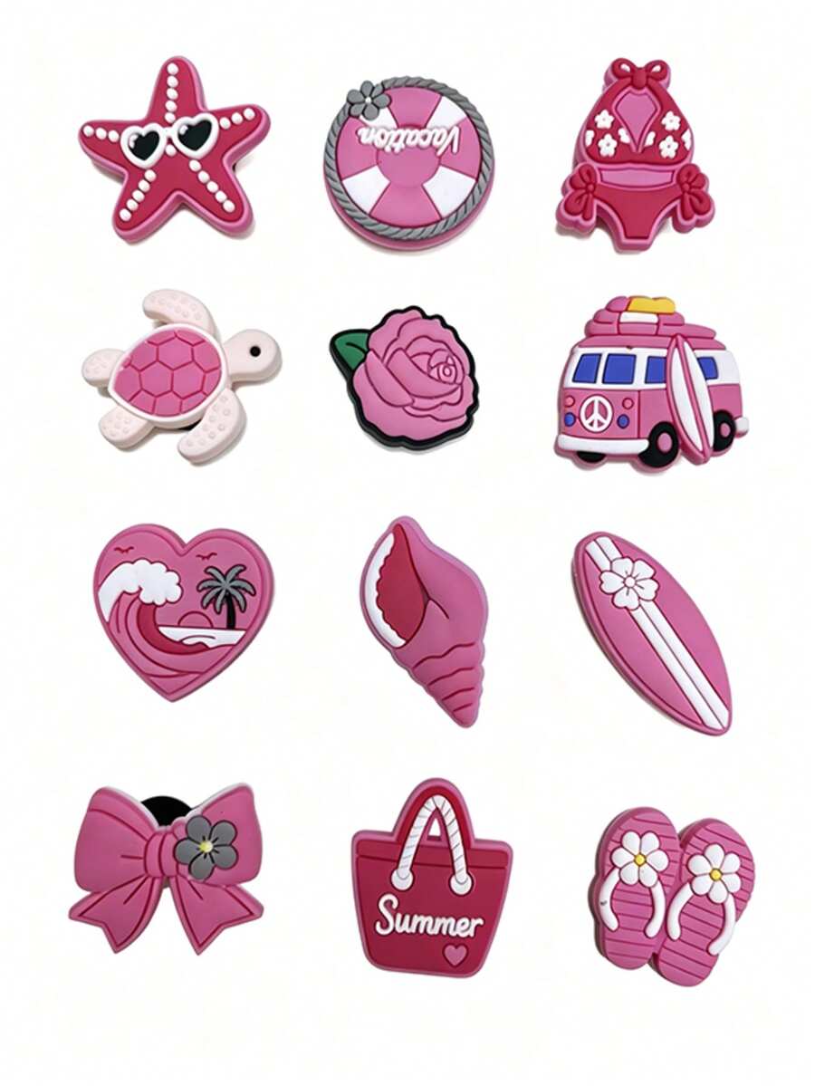 12pcs Sweet Pink Girls Beach Shoes Accessories, Cute Beach Theme Design, Perfect Gift For Girlfriend And Classmates - Multicolor - View 1