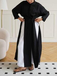 Women's Minimalist Casual Stand Collar Long Sleeve High Slit Robe Top, Solid Color Front Button Waist Tie High Slit To Thigh, Daily Wear And Dating - Black - View 5