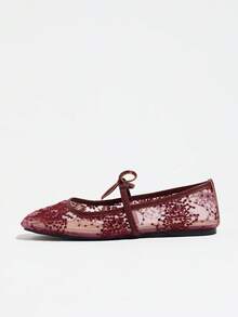 Women's Burgundy Flat Ballet Shoes With Bow Decor, Embroidered Mesh Hollow Out Breathable Square Toe Sequin Comfortable Mary Jane Sandals For Summer - Burgundy - View 8