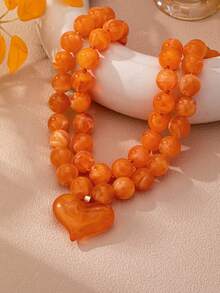 OABE 2pcs/Set Bohemian Style Orange Round Beaded Necklace Set With Heart Pendant Layering Design, Suitable For Daily/Holiday Wear - Orange - View 2