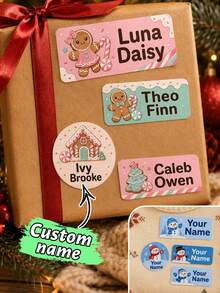 Custom Christmas Name Stickers, Personalized Gingerbread Gift Labels, Festive Candy Holiday Style, Customized Christmas Gift Stickers, Customizable Name Labels, Gift Wrapping Decor, Holiday Party Favors, Christmas Decorations, Family And Friends - Multicolor - View 1