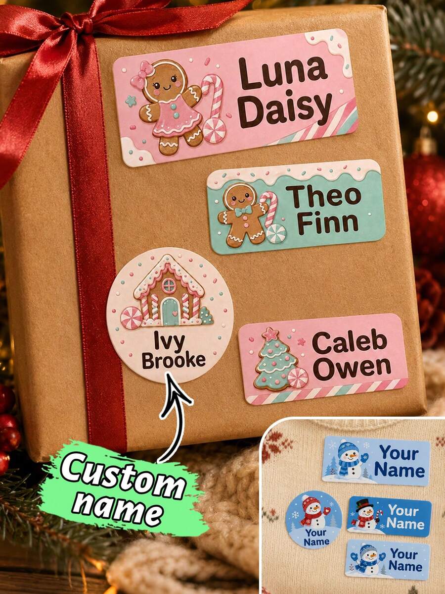 Custom Christmas Name Stickers, Personalized Gingerbread Gift Labels, Festive Candy Holiday Style, Customized Christmas Gift Stickers, Customizable Name Labels, Gift Wrapping Decor, Holiday Party Favors, Christmas Decorations, Family And Friends - Multicolor - View 1