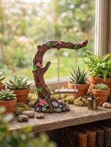 1pc Resin Miniature Tree Branch Swing Ornament, Decorative Mini Swing Statue, Suitable For Succulent Potted Plants, Bonsai, Terrarium DIY, Cute Desktop Decor Prop, Suitable For Dollhouse Scene Setup, Home Office Desktop Decoration, Fairy Garden Accessory, Flower Pot Styling Decoration - Multicolor - View 4